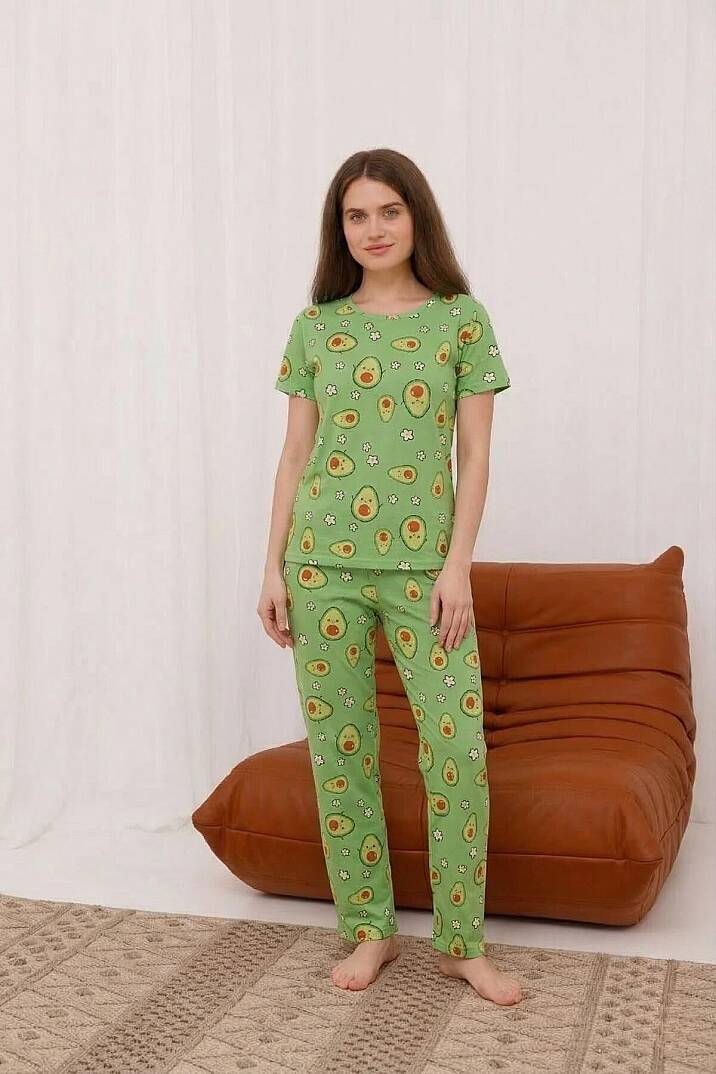 Avokado Baskılı Yumuşak Dokulu Milan Örme Rahat Kalıp Kısa Kollu Pijama Takımı Kadın - 1
