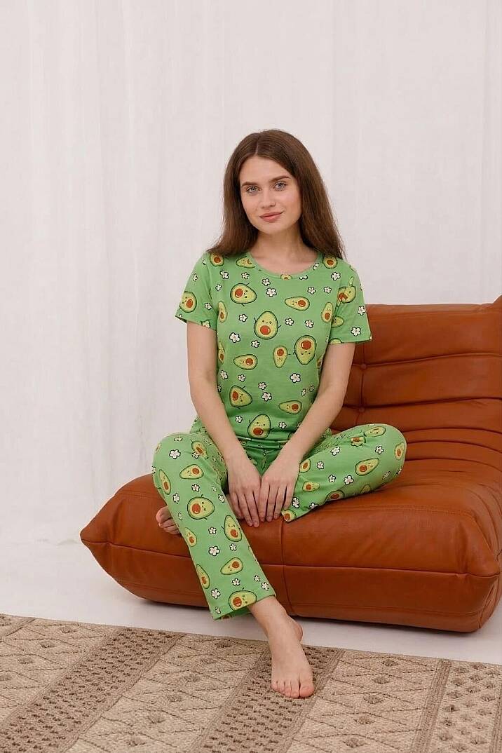 Avokado Baskılı Yumuşak Dokulu Milan Örme Rahat Kalıp Kısa Kollu Pijama Takımı Kadın - 2