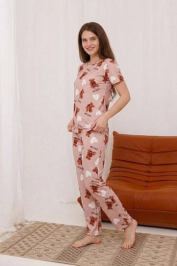 Bears Baskılı Yumuşak Dokulu Milan Örme Rahat Kalıp Kısa Kollu Bayan Pijama Takımı - 2
