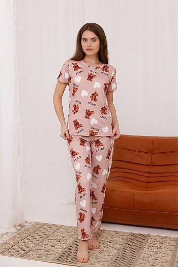 Bears Baskılı Yumuşak Dokulu Milan Örme Rahat Kalıp Kısa Kollu Bayan Pijama Takımı - 3