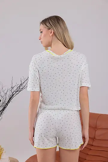 Beyaz Renk Kiraz Baskılı Oversize Kalıp Kısa Kollu Crop Yazlık Kadın Şortlu Pijama Takımı - 3