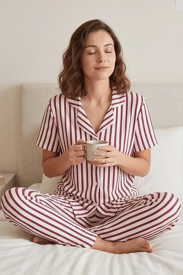 Bordo Beyaz Çizgili Düğmeli Kısa Kollu Pijama Takımı - 2