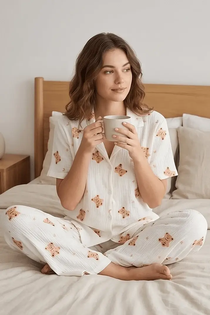 Bürümcük Kumaş Kısa Kollu Sevimli Ayıcık Desenli Pijama Takımı - 2
