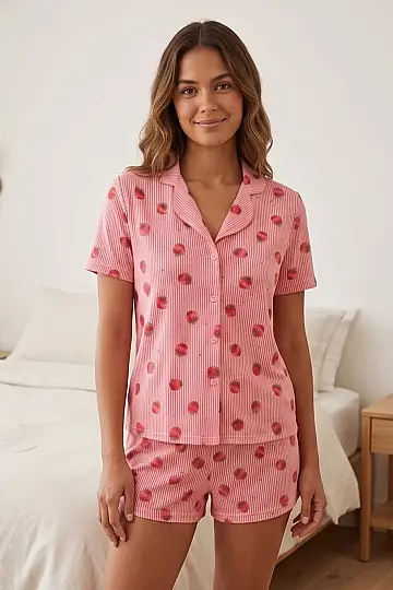 Çilek Desenli Şeritli Pembe Kısa Kollu Şortlu Pijama Takımı