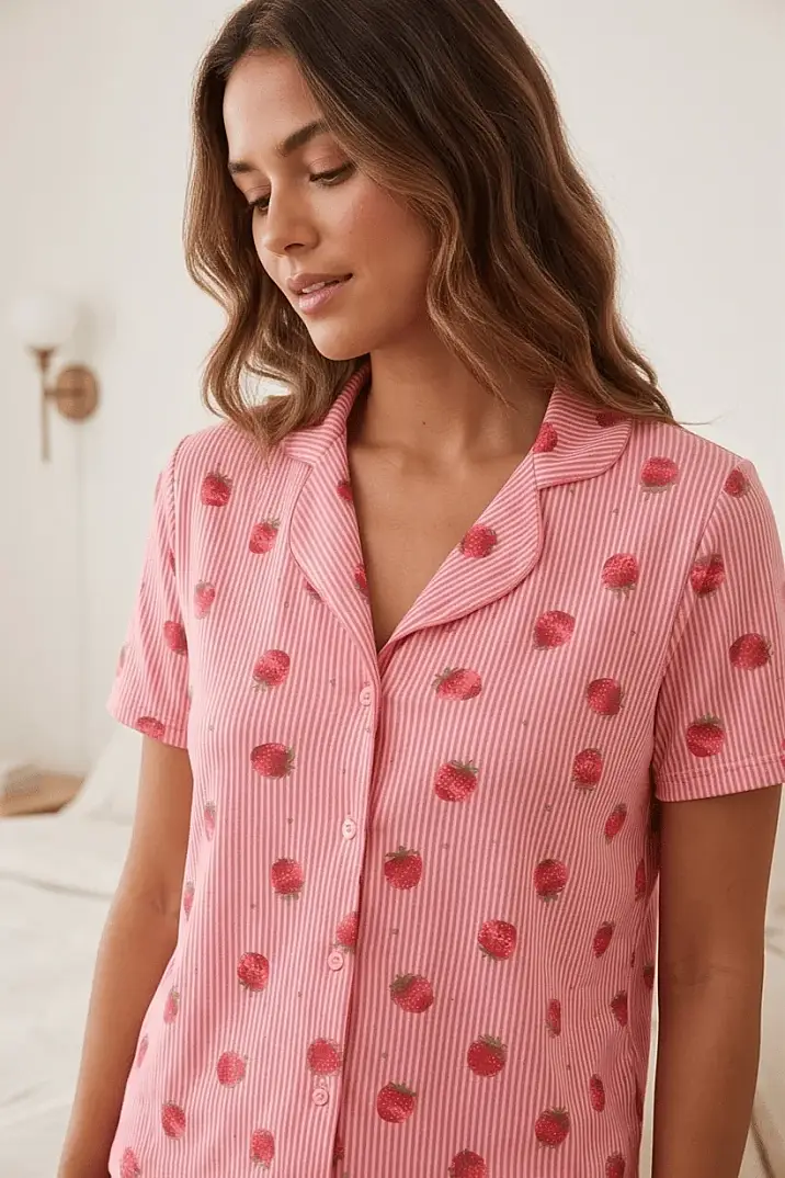 Çilek Desenli Şeritli Pembe Kısa Kollu Şortlu Pijama Takımı - 2