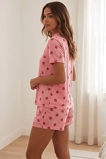 Çilek Desenli Şeritli Pembe Kısa Kollu Şortlu Pijama Takımı - 4