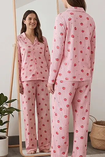 Çilek Desenli Şeritli Pembe Uzun Kollu Pijama Takımı - 2