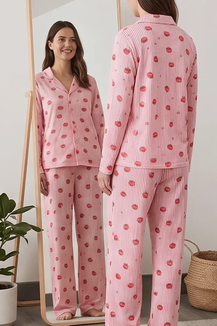 Çilek Desenli Şeritli Pembe Uzun Kollu Pijama Takımı - 2