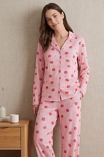 Çilek Desenli Şeritli Pembe Uzun Kollu Pijama Takımı - 3