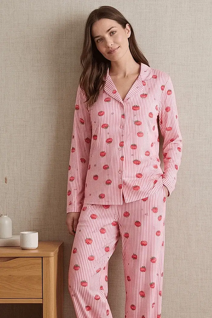 Çilek Desenli Şeritli Pembe Uzun Kollu Pijama Takımı - 3