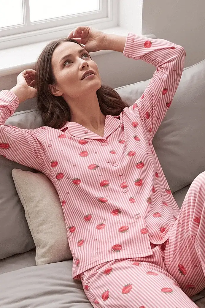 Çilek Desenli Şeritli Pembe Uzun Kollu Pijama Takımı - 4