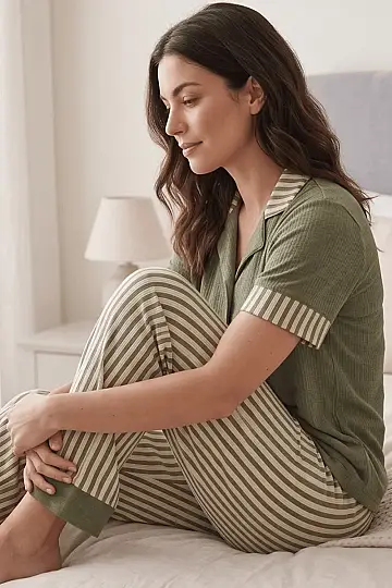 Çizgili Kısa Kollu Haki Pijama Takımı - 2