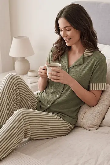 Çizgili Kısa Kollu Haki Pijama Takımı - 3