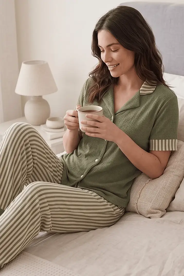 Çizgili Kısa Kollu Haki Pijama Takımı - 3