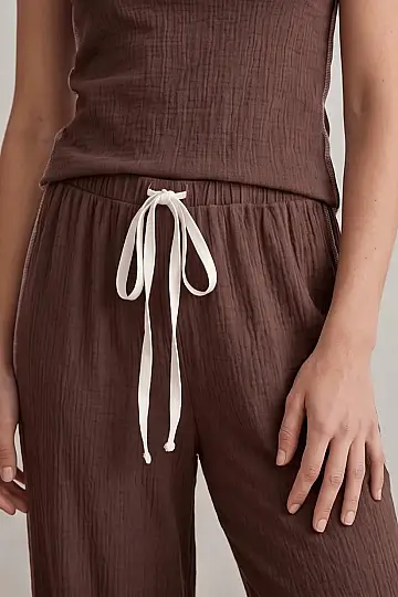 Fırfırlı Bürümcük Kumaş Kısa Kollu Kahverengi Pijama Takımı - 3