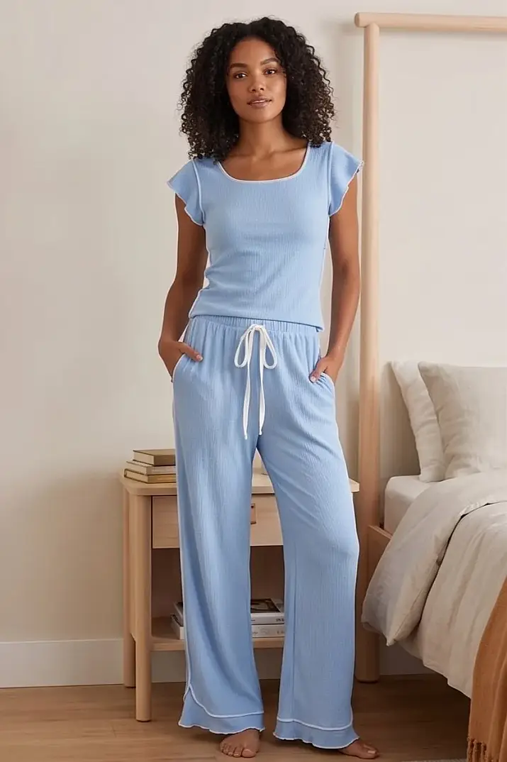 Fırfırlı Bürümcük Kumaş Kısa Kollu Mavi Pijama Takımı - 1