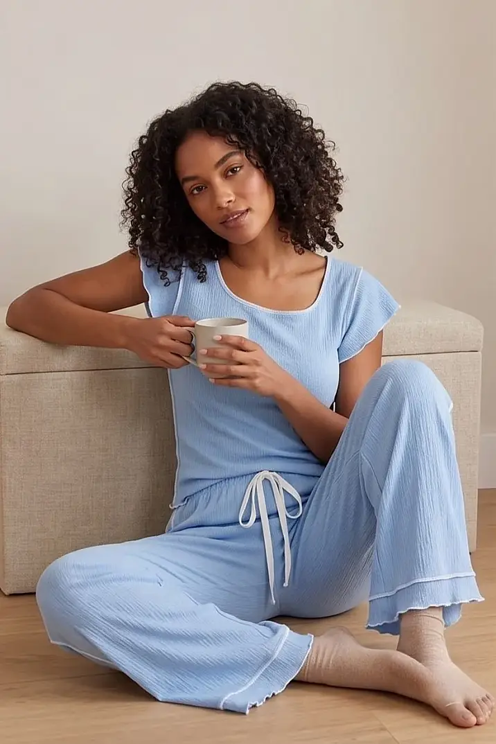 Fırfırlı Bürümcük Kumaş Kısa Kollu Mavi Pijama Takımı - 3