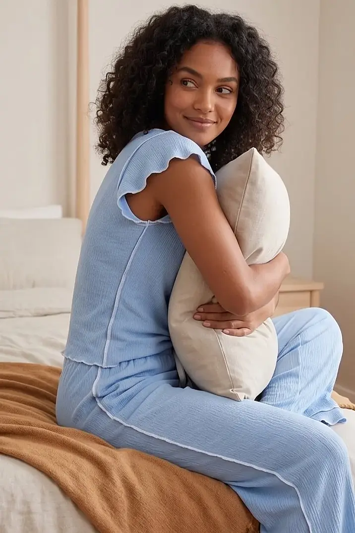 Fırfırlı Bürümcük Kumaş Kısa Kollu Mavi Pijama Takımı - 4