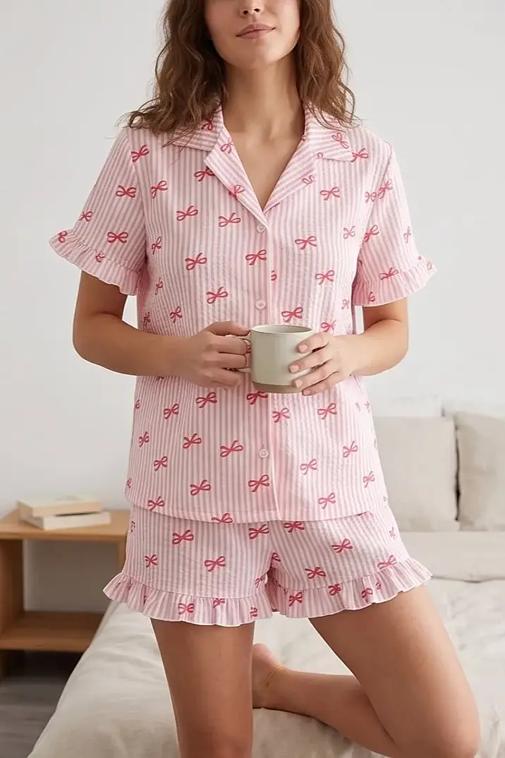 Fırfırlı Kurdele Desenli Bürümcük Kumaş Şortlu Pembe Pijama Takımı - 3
