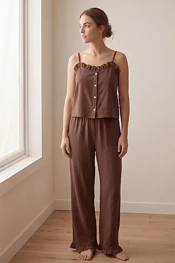 Fırfırlı ve Askılı Kahverengi Pijama Takımı - 2