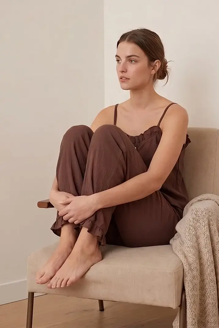Fırfırlı ve Askılı Kahverengi Pijama Takımı - 3
