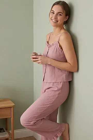 Fırfırlı ve Askılı Pembe Pijama Takımı