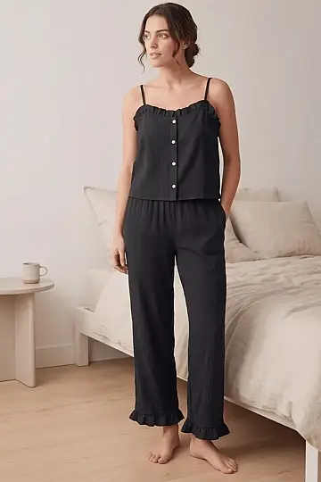 Fırfırlı ve Askılı Siyah Pijama Takımı - 2