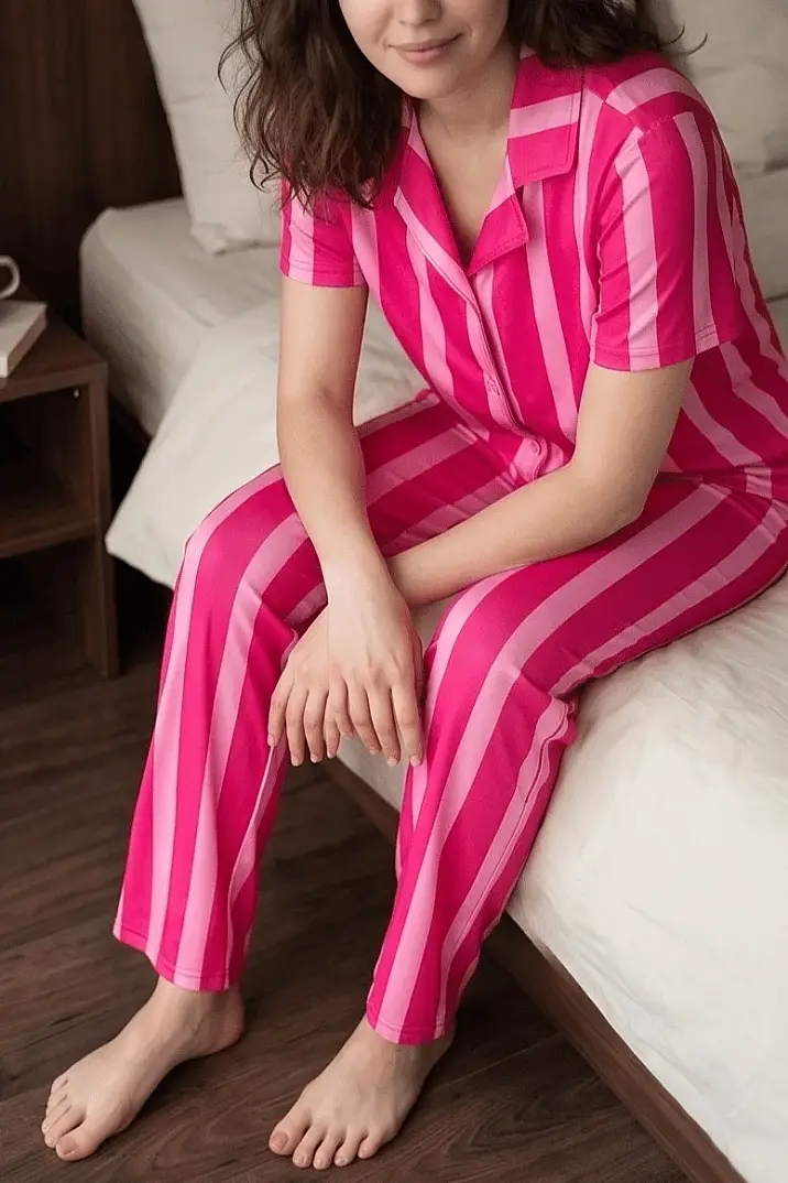 Fuşya-Pembe Çizgili Düğmeli Kısa Kollu Pijama Takımı - 2