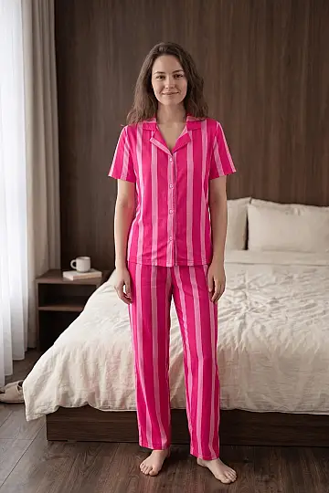 Fuşya-Pembe Çizgili Düğmeli Kısa Kollu Pijama Takımı - 5