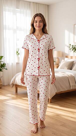 Kadın Kırmızı Kalp Desenli Yumuşak Soft İpeksi Doku Rahat Kalıp Kısa Kollu Pijama Takımı