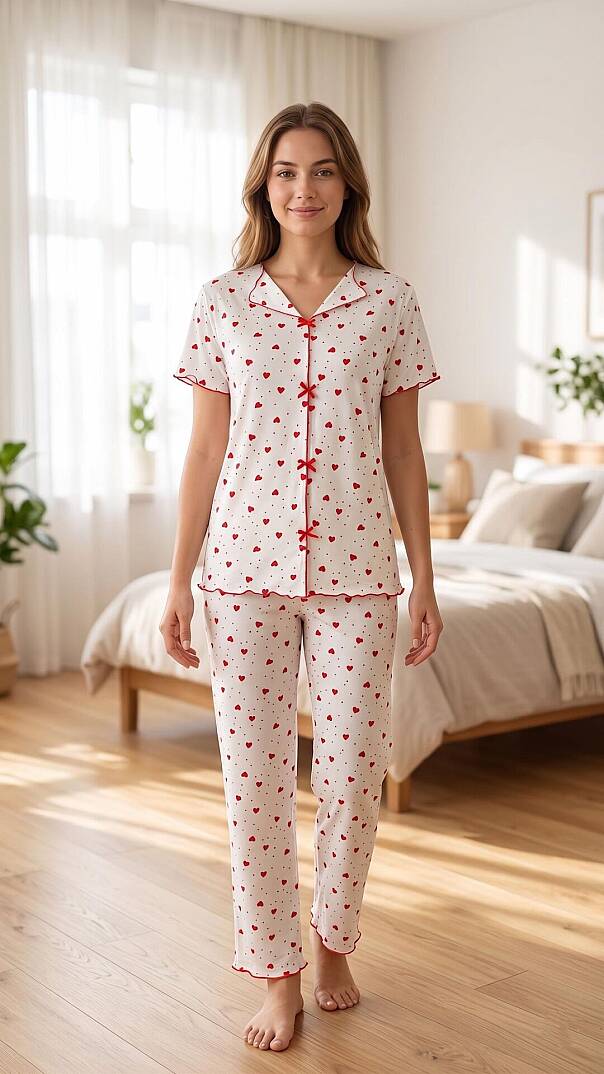 Kadın Kırmızı Kalp Desenli Yumuşak Soft İpeksi Doku Rahat Kalıp Kısa Kollu Pijama Takımı - 1