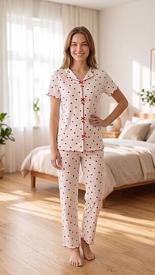 Kadın Kırmızı Kalp Desenli Yumuşak Soft İpeksi Doku Rahat Kalıp Kısa Kollu Pijama Takımı - 2