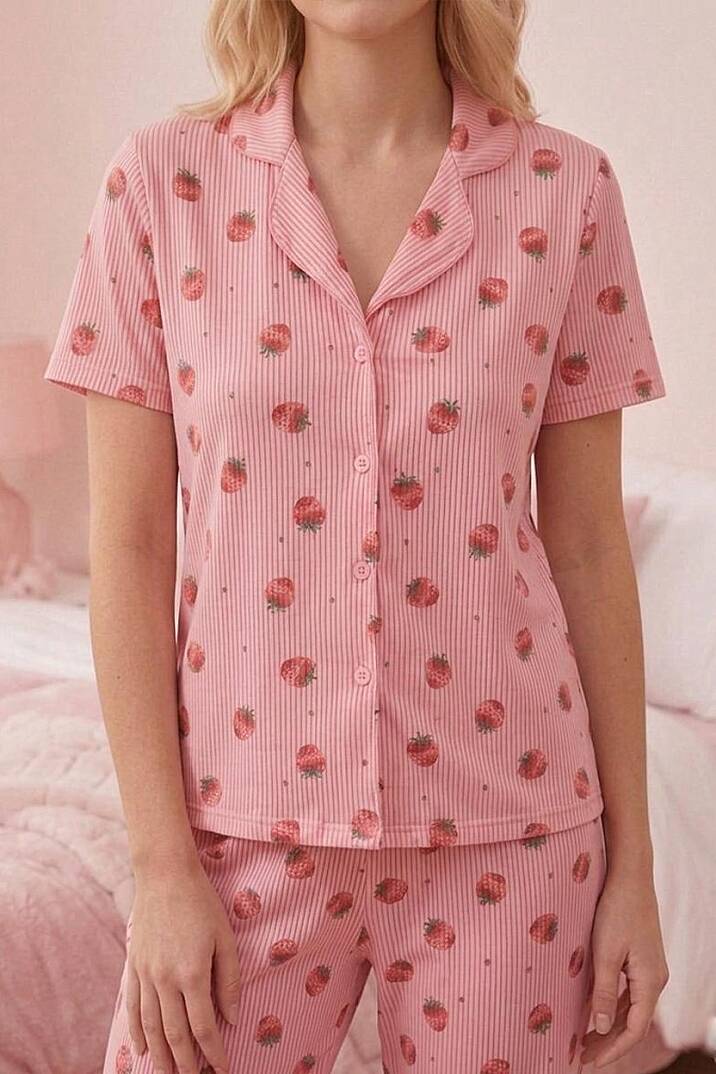 Kadın Pamuklu Çilek Desenli Düğmeli Pijama Takımı - 1