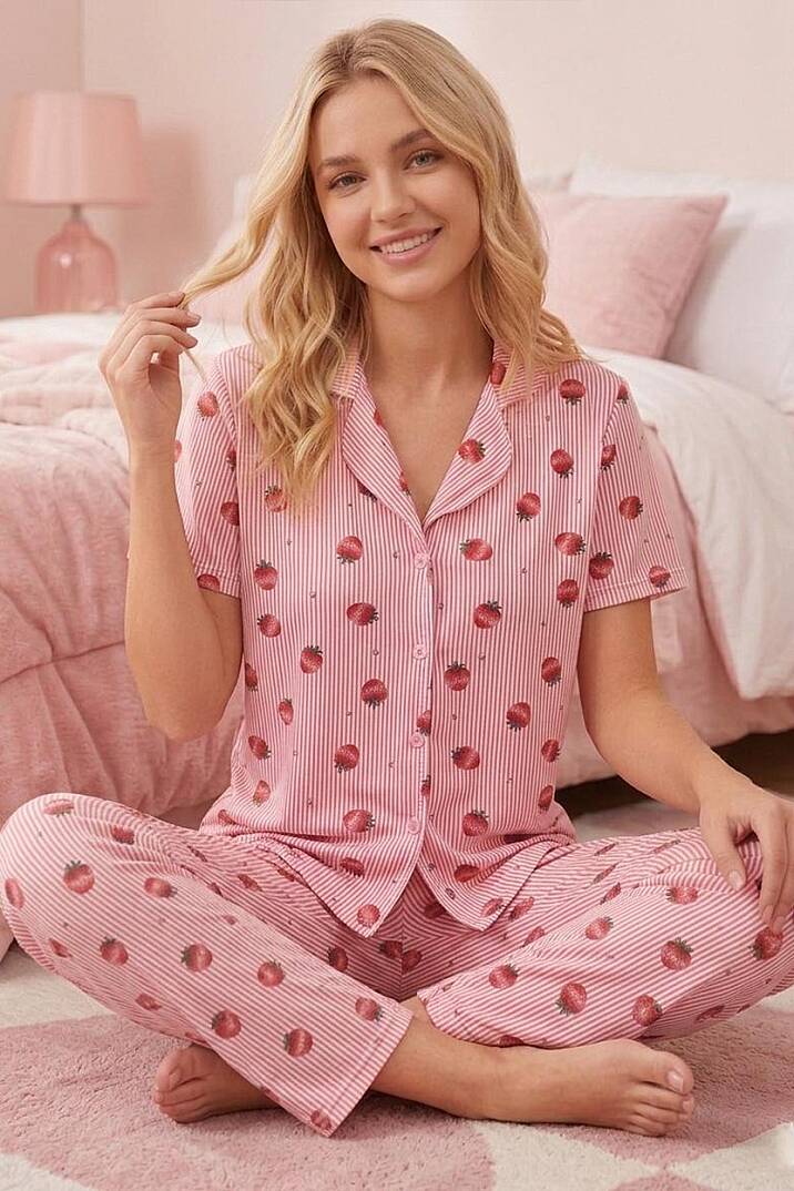 Kadın Pamuklu Çilek Desenli Düğmeli Pijama Takımı - 3