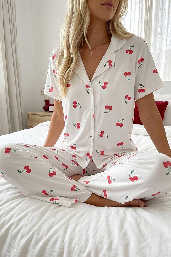 Kadın Pamuklu Kiraz Desenli Düğmeli Pijama Takımı - 1