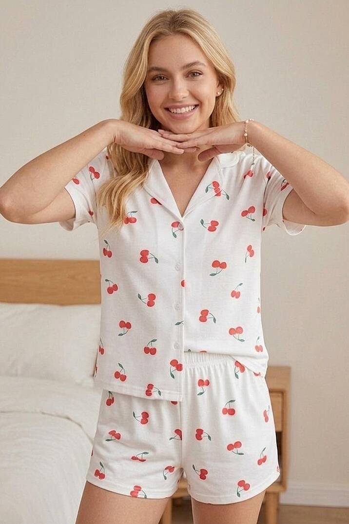 Kadın Pamuklu Kiraz Desenli Düğmeli Şortlu Pijama Takımı - 3
