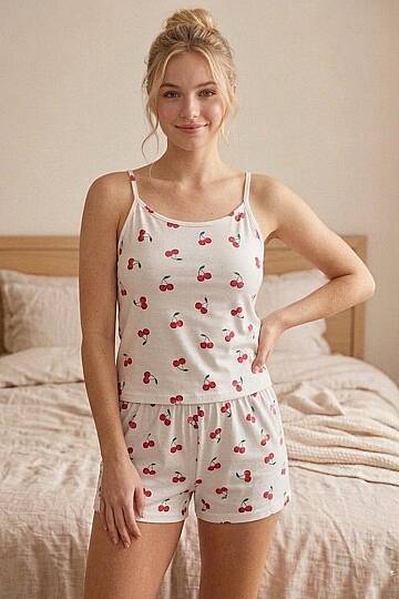 Kadın Pamuklu Kiraz Desenli İp Askılı Şortlu Pijama Takımı - 3