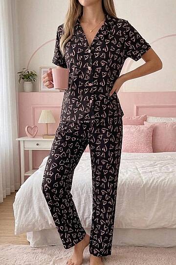 Kadın Pamuklu Pembe Kalp Desenli Düğmeli Pijama Takımı - 2