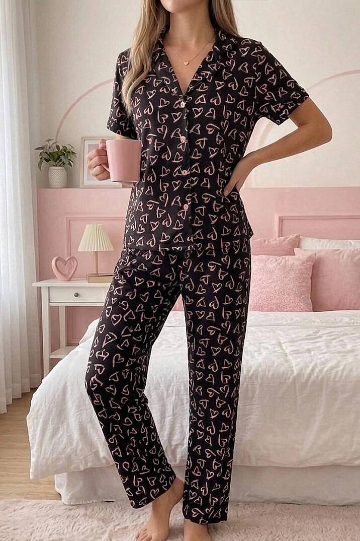 Kadın Pamuklu Pembe Kalp Desenli Düğmeli Pijama Takımı - 2