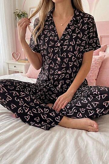 Kadın Pamuklu Pembe Kalp Desenli Düğmeli Pijama Takımı - 3