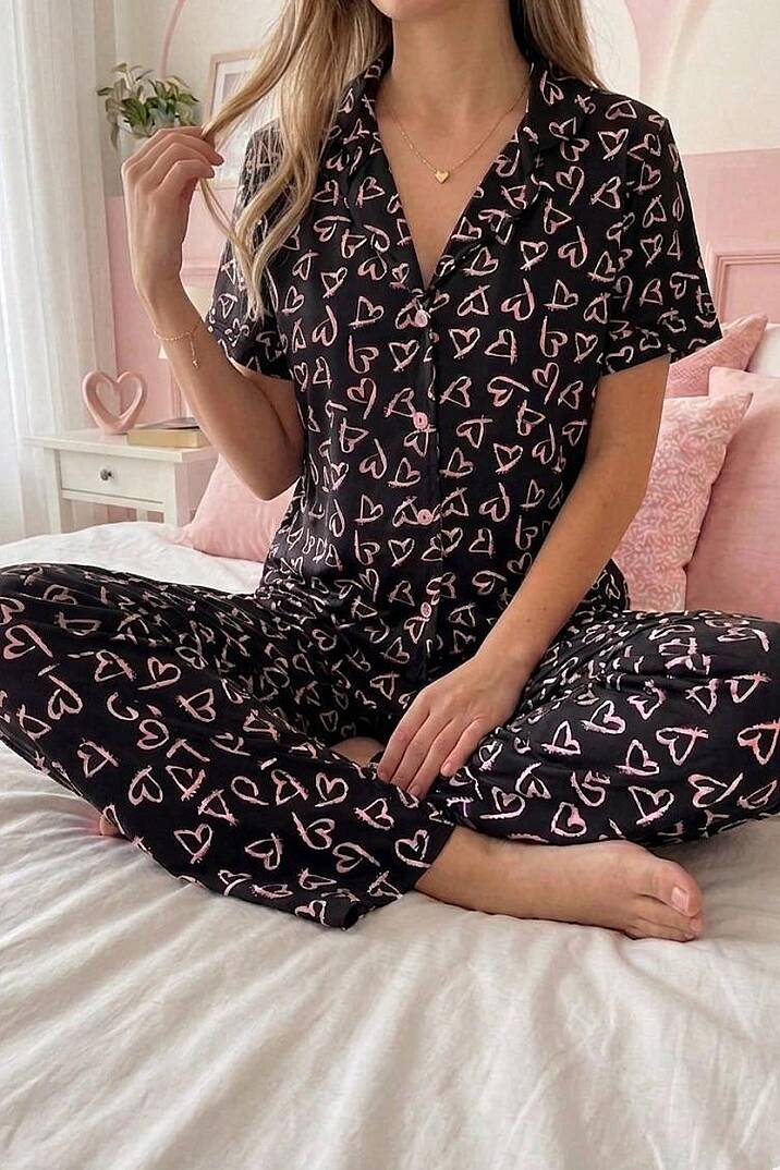 Kadın Pamuklu Pembe Kalp Desenli Düğmeli Pijama Takımı - 3
