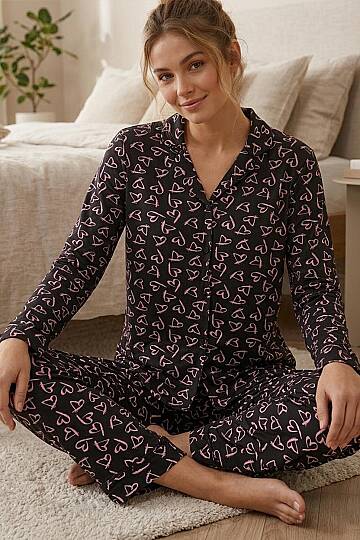 Kadın Pamuklu Pembe Kalp Desenli Uzun Kollu Pijama Takımı - 2