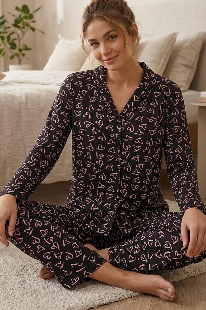Kadın Pamuklu Pembe Kalp Desenli Uzun Kollu Pijama Takımı - 2