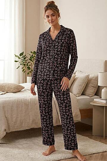 Kadın Pamuklu Pembe Kalp Desenli Uzun Kollu Pijama Takımı - 3