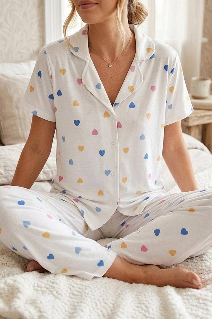 Kadın Pamuklu Renkli Kalp Desenli Düğmeli Kısa Kollu Pijama Takımı - 3