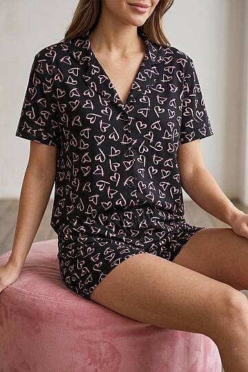 Kadın Pamuklu Siyah Kalp Desenli Düğmeli Pijama Takımı - 2