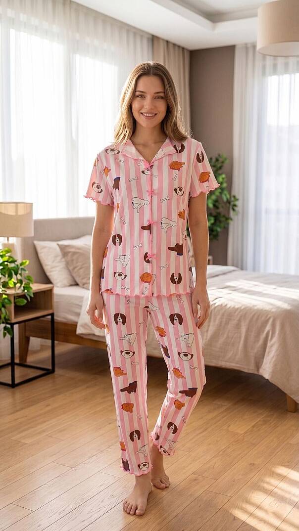 Kadın Pembe Çizgili Desenli Yumuşak Soft İpeksi Doku Rahat Kalıp Kısa Kollu Pijama Takımı - 1