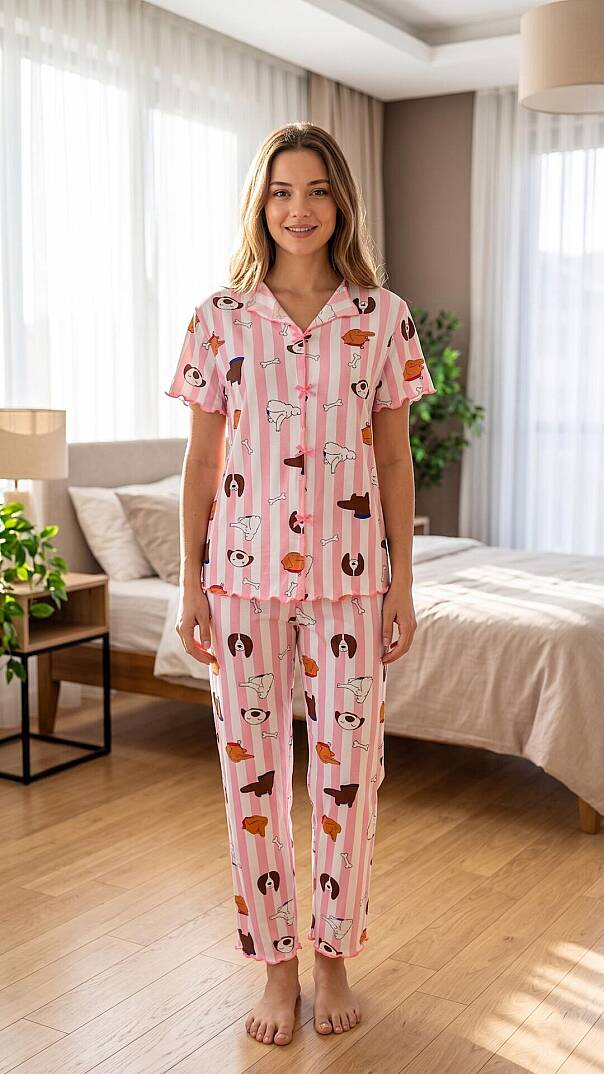Kadın Pembe Çizgili Desenli Yumuşak Soft İpeksi Doku Rahat Kalıp Kısa Kollu Pijama Takımı - 2