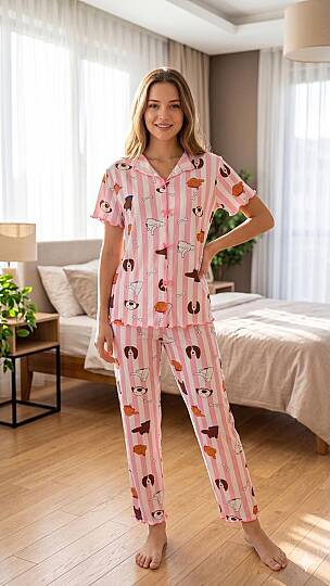 Kadın Pembe Çizgili Desenli Yumuşak Soft İpeksi Doku Rahat Kalıp Kısa Kollu Pijama Takımı - 3