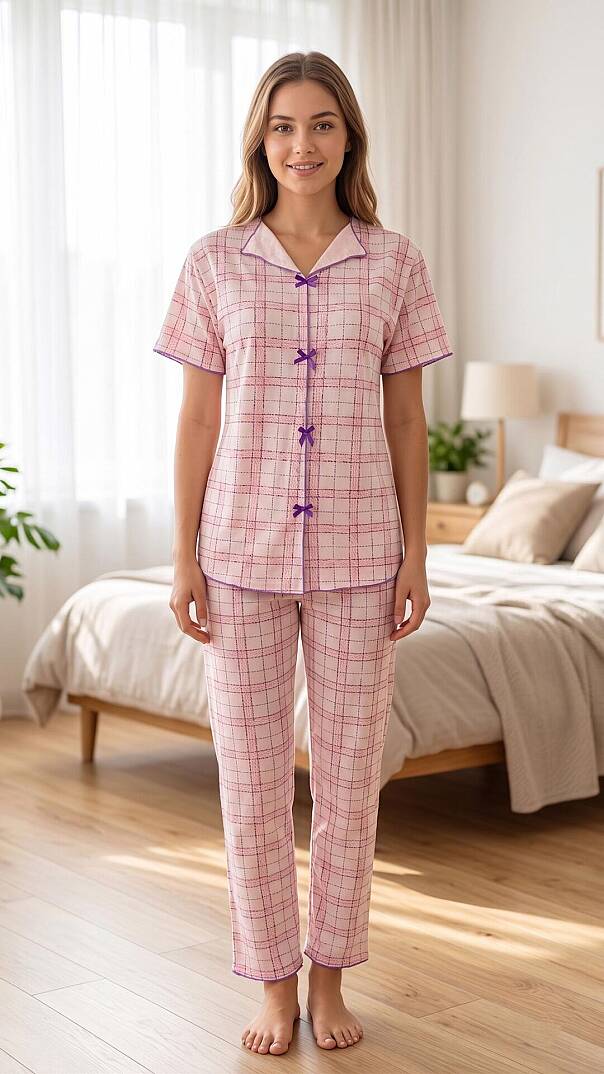 Kadın Pembe Ekose Desenli Yumuşak Soft İpeksi Doku Rahat Kalıp Kısa Kollu Pijama Takımı - 1